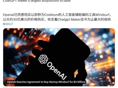 OpenAI擬30億美元大手筆收購Windsurf，AI編程助手市場競爭再升級