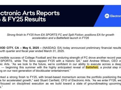 EA 2025財年財報出爐，凈收入微降，《戰(zhàn)地》新作明年發(fā)售引期待