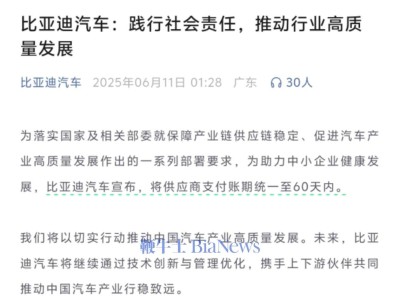比亞迪新舉措：縮短供應商支付賬期至60天，共促汽車產業高質量發展