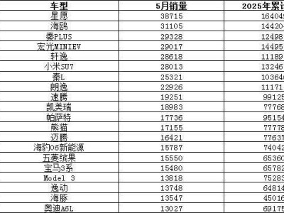 2025年5月汽車銷量榜揭曉：星愿領跑，自主品牌表現搶眼！