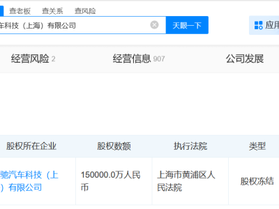 上海愛馳汽車母公司所持15億股權被凍結