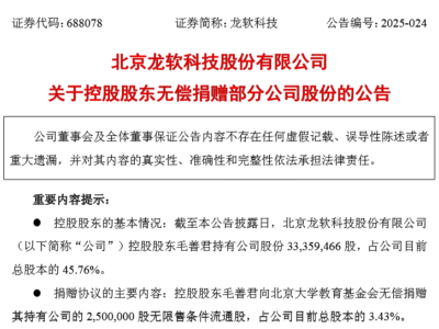 龍軟科技董事長(zhǎng)毛善君捐贈(zèng)近8000萬(wàn)股份，助力北大教育事業(yè)發(fā)展