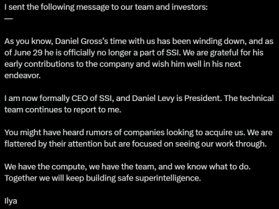 Ilya Sutskever接任CEO：Meta挖角Safe Superintelligence聯創