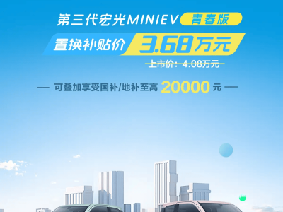 宏光MINIEV青春版購車新福利：置換補貼3.68萬，國地補還可疊加