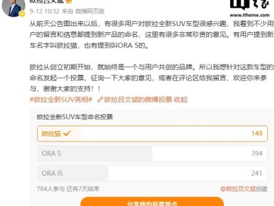 長城歐拉首款純電SUV命名征集開啟，超700人參與，“ORA 5”暫居榜首
