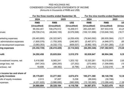 拼多多2025年三季報(bào)：營收1082.8億重拾增速，營業(yè)利潤增速卻陷低谷
