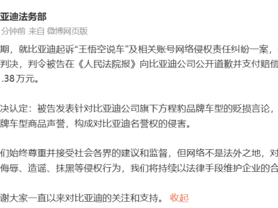 比亞迪維權成功：“王悟空說車”因侵權被判公開致歉并賠償超31萬元