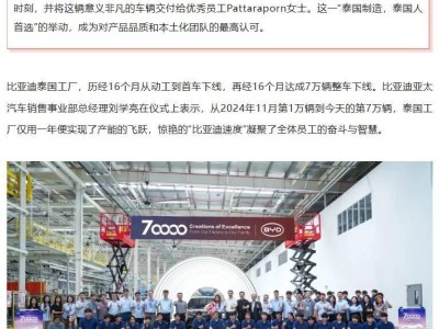比亞迪泰國工廠:16個月再迎7萬輛整車下線 全球戰略樞紐地位凸顯