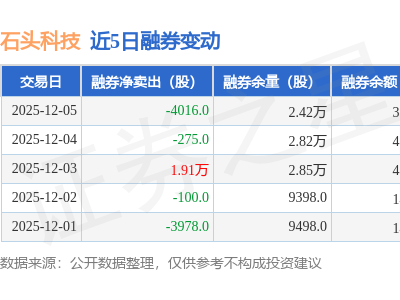 石頭科技12月5日融資動態:融資凈賣出270余萬 融資融券總余額降至8.3億