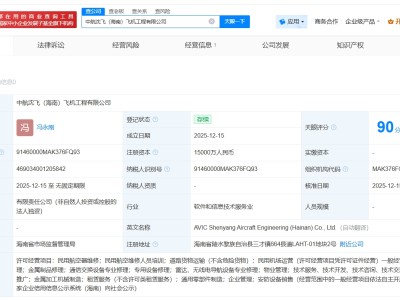 中航沈飛海南飛機工程公司登記成立 注冊資本1.5億