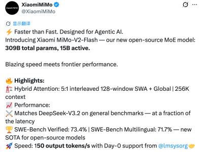 小米MiMo-V2-Flash模型發布:架構創新成本低 性能比肩頭部開源模型