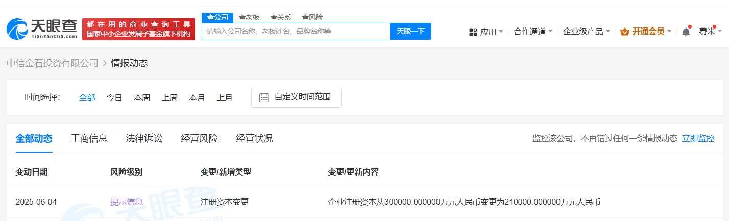 中信金石投資有限公司工商變更信息