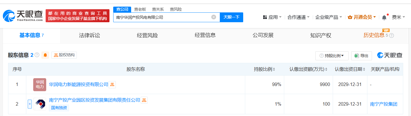 南寧華潤產投風電有限公司股東信息